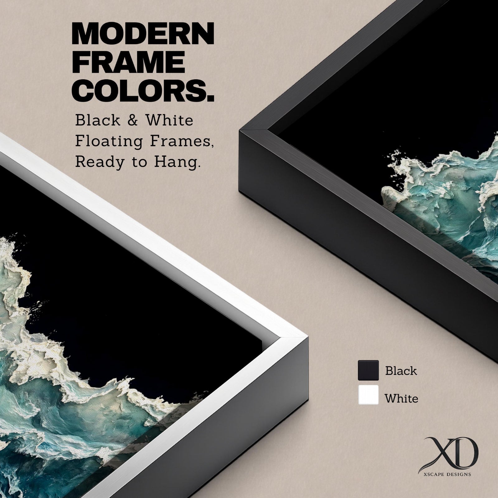 Panoramic ocean wave wall art showing dramatic teal sea waves crashing and rolling across the water against a dark background in a wide seascape composition.