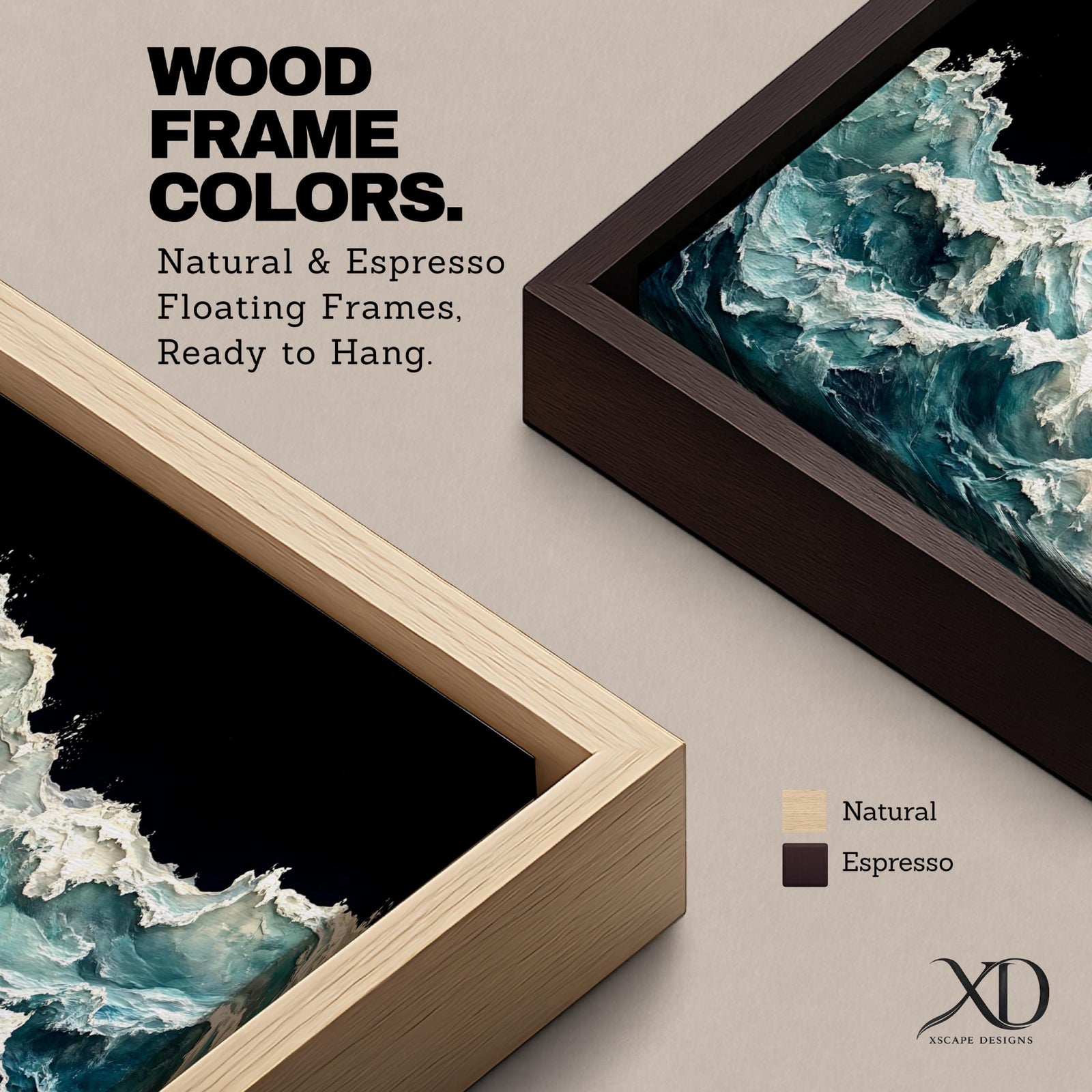 Panoramic ocean wave wall art showing dramatic teal sea waves crashing and rolling across the water against a dark background in a wide seascape composition.