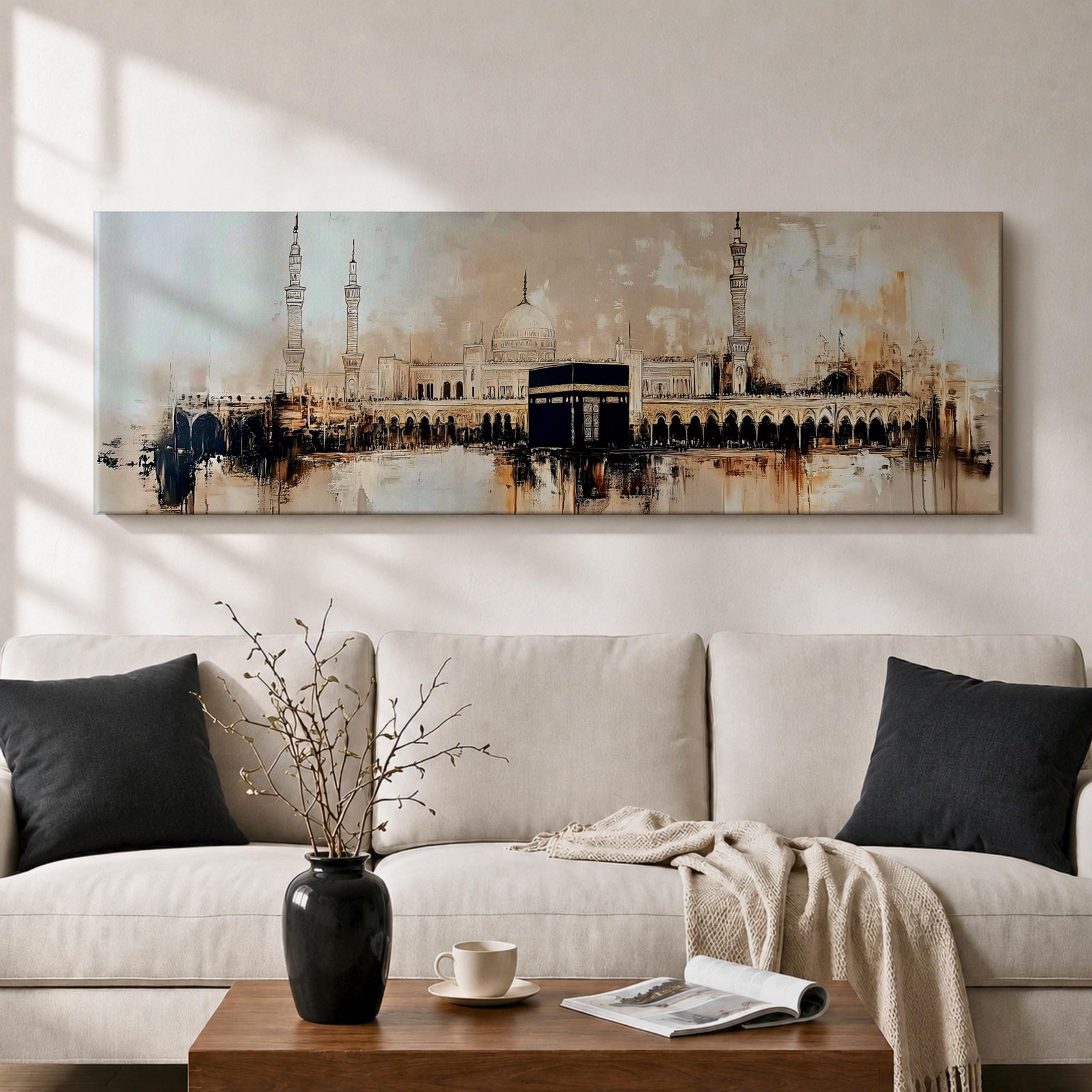 Panoramic painting of the Kaaba at Masjid al Haram with surrounding mosque arches and minarets, rendered in a loose abstract style with warm beige, brown, and black tones. The composition stretches horizontally with expressive brush textures, architectural silhouettes, and layered strokes highlighting the Kaaba at the center of the sacred mosque complex.