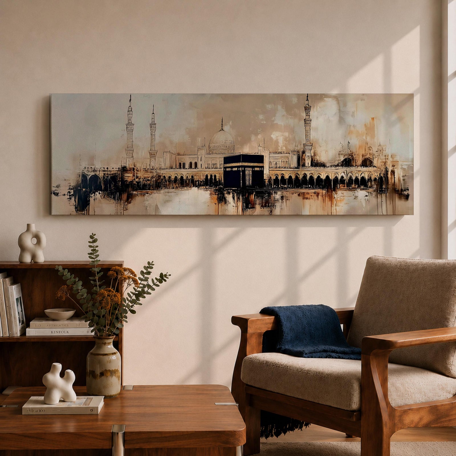 Panoramic painting of the Kaaba at Masjid al Haram with surrounding mosque arches and minarets, rendered in a loose abstract style with warm beige, brown, and black tones. The composition stretches horizontally with expressive brush textures, architectural silhouettes, and layered strokes highlighting the Kaaba at the center of the sacred mosque complex.