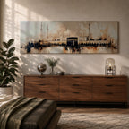 Panoramic painting of the Kaaba at Masjid al Haram with surrounding mosque arches and minarets, rendered in a loose abstract style with warm beige, brown, and black tones. The composition stretches horizontally with expressive brush textures, architectural silhouettes, and layered strokes highlighting the Kaaba at the center of the sacred mosque complex.