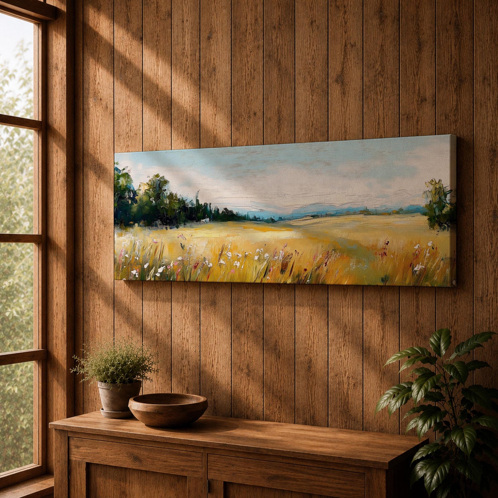 Panoramic countryside landscape painting showing a wide golden field filled with tall grasses and scattered wildflowers. A tree line borders the meadow while distant hills stretch across the horizon beneath a soft blue sky with light clouds across the expansive rural scene.