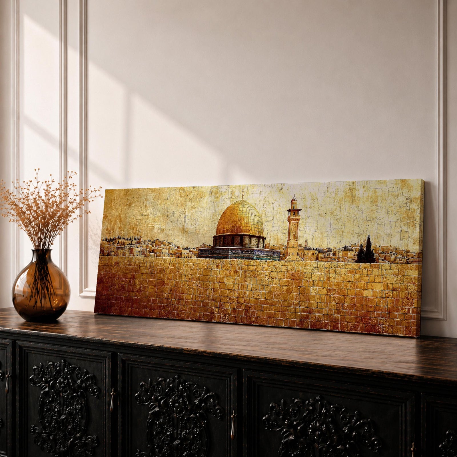 Panoramic painting of the Dome of the Rock rising above the stone walls of Jerusalem with the golden dome and nearby minaret dominating the skyline. The horizontal composition features textured brushwork in warm gold and earth tones, depicting the historic mosque complex, city structures, and layered stone architecture across the Jerusalem landscape.
