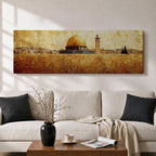 Panoramic painting of the Dome of the Rock rising above the stone walls of Jerusalem with the golden dome and nearby minaret dominating the skyline. The horizontal composition features textured brushwork in warm gold and earth tones, depicting the historic mosque complex, city structures, and layered stone architecture across the Jerusalem landscape.