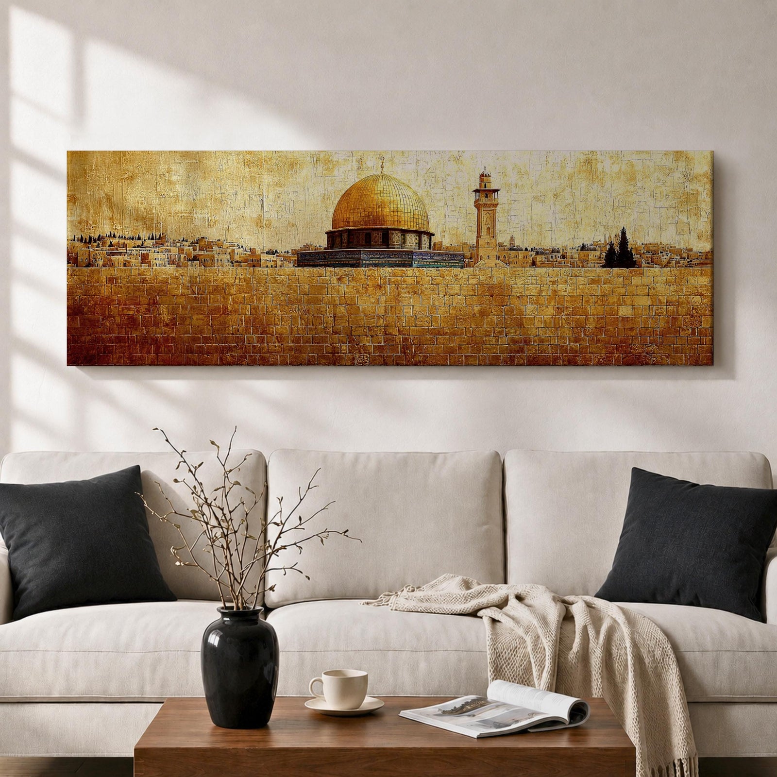 Panoramic painting of the Dome of the Rock rising above the stone walls of Jerusalem with the golden dome and nearby minaret dominating the skyline. The horizontal composition features textured brushwork in warm gold and earth tones, depicting the historic mosque complex, city structures, and layered stone architecture across the Jerusalem landscape.