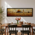 Panoramic painting of the Dome of the Rock rising above the stone walls of Jerusalem with the golden dome and nearby minaret dominating the skyline. The horizontal composition features textured brushwork in warm gold and earth tones, depicting the historic mosque complex, city structures, and layered stone architecture across the Jerusalem landscape.