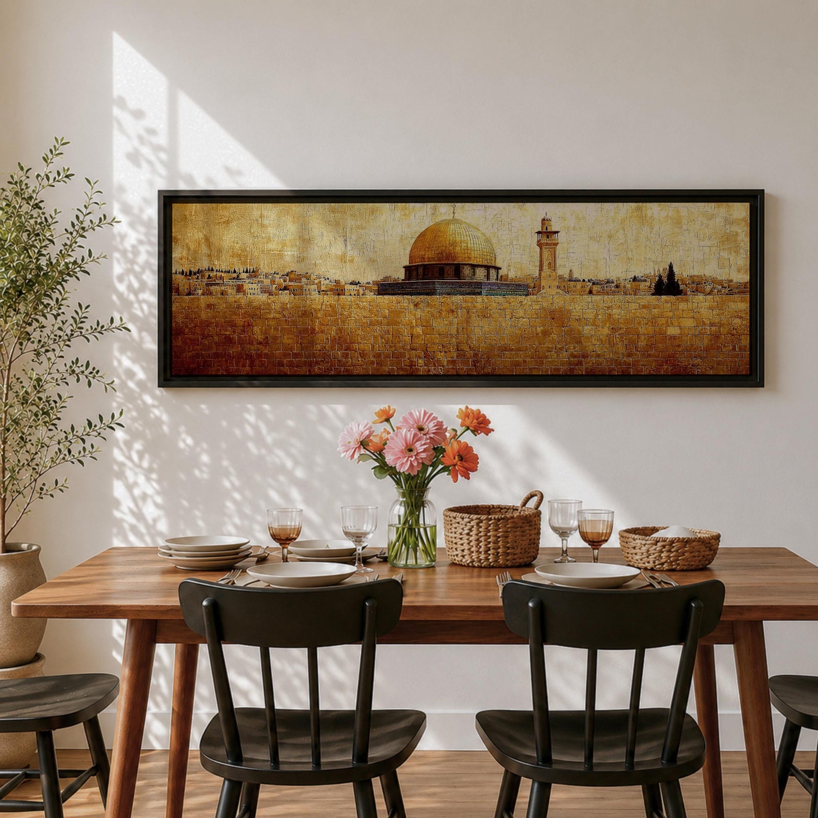Panoramic painting of the Dome of the Rock rising above the stone walls of Jerusalem with the golden dome and nearby minaret dominating the skyline. The horizontal composition features textured brushwork in warm gold and earth tones, depicting the historic mosque complex, city structures, and layered stone architecture across the Jerusalem landscape.