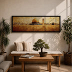 Panoramic painting of the Dome of the Rock rising above the stone walls of Jerusalem with the golden dome and nearby minaret dominating the skyline. The horizontal composition features textured brushwork in warm gold and earth tones, depicting the historic mosque complex, city structures, and layered stone architecture across the Jerusalem landscape.