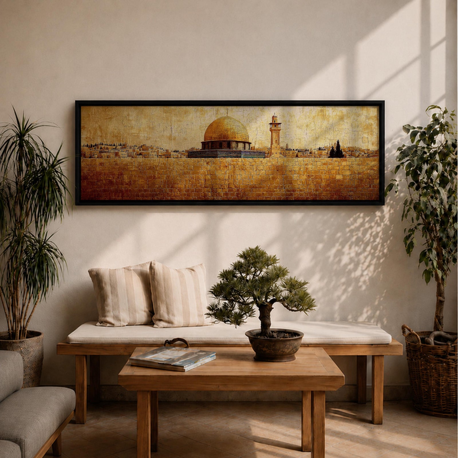 Panoramic painting of the Dome of the Rock rising above the stone walls of Jerusalem with the golden dome and nearby minaret dominating the skyline. The horizontal composition features textured brushwork in warm gold and earth tones, depicting the historic mosque complex, city structures, and layered stone architecture across the Jerusalem landscape.