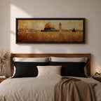 Panoramic painting of the Dome of the Rock rising above the stone walls of Jerusalem with the golden dome and nearby minaret dominating the skyline. The horizontal composition features textured brushwork in warm gold and earth tones, depicting the historic mosque complex, city structures, and layered stone architecture across the Jerusalem landscape.