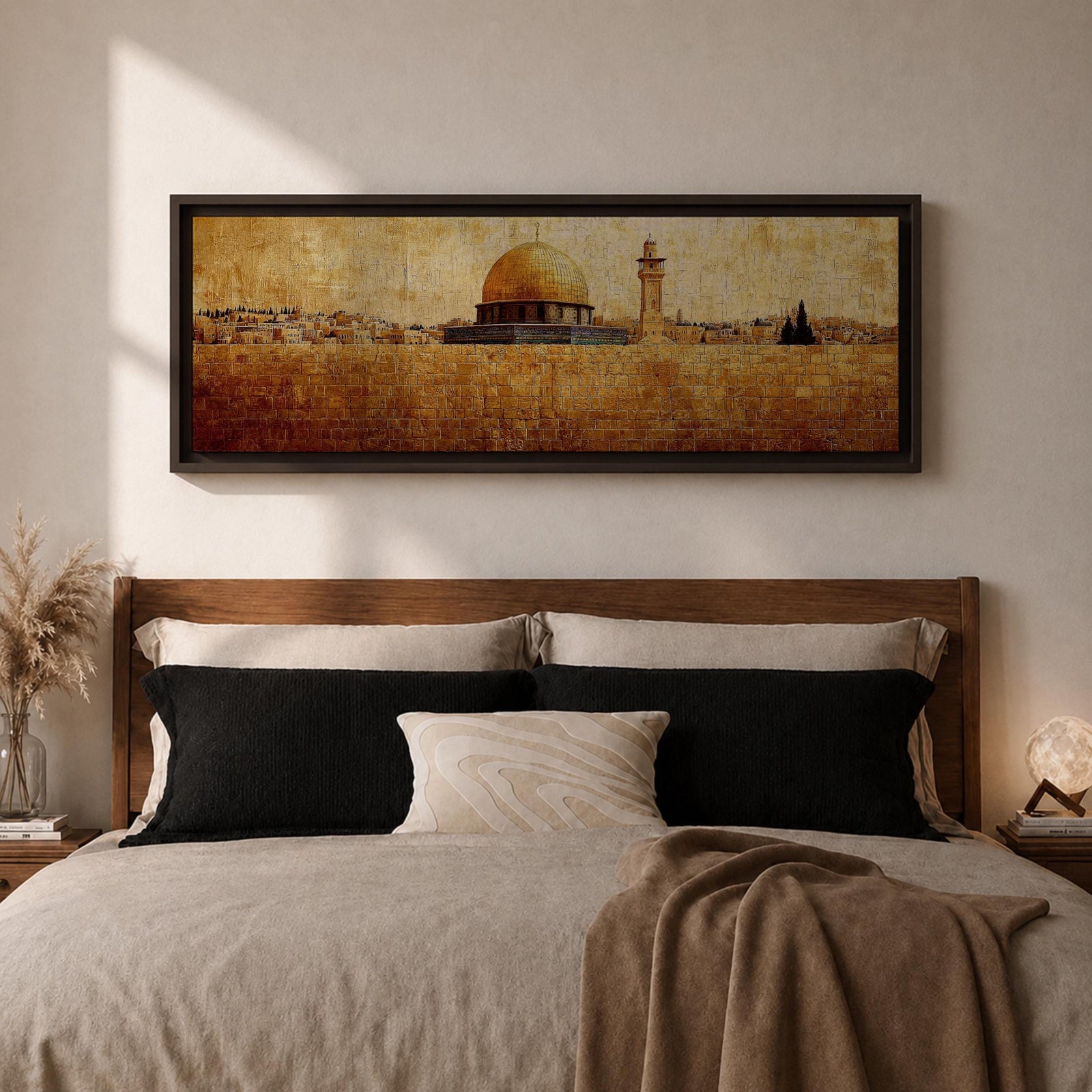 Panoramic painting of the Dome of the Rock rising above the stone walls of Jerusalem with the golden dome and nearby minaret dominating the skyline. The horizontal composition features textured brushwork in warm gold and earth tones, depicting the historic mosque complex, city structures, and layered stone architecture across the Jerusalem landscape.