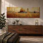 Panoramic painting of the Dome of the Rock rising above the stone walls of Jerusalem with the golden dome and nearby minaret dominating the skyline. The horizontal composition features textured brushwork in warm gold and earth tones, depicting the historic mosque complex, city structures, and layered stone architecture across the Jerusalem landscape.