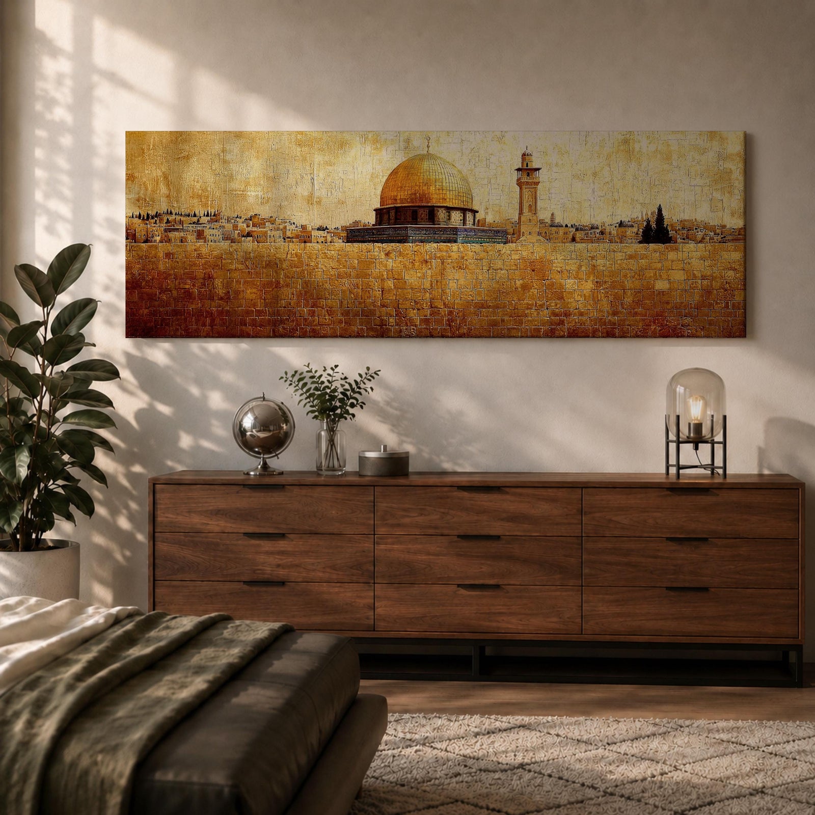 Panoramic painting of the Dome of the Rock rising above the stone walls of Jerusalem with the golden dome and nearby minaret dominating the skyline. The horizontal composition features textured brushwork in warm gold and earth tones, depicting the historic mosque complex, city structures, and layered stone architecture across the Jerusalem landscape.