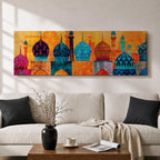 Panoramic illustration of colorful mosque domes and minarets arranged in a horizontal skyline. The composition features Moroccan inspired architectural forms with geometric patterns, tile motifs, and layered dome shapes in vibrant shades of turquoise, blue, orange, red, and gold across a stylized Islamic architectural landscape.