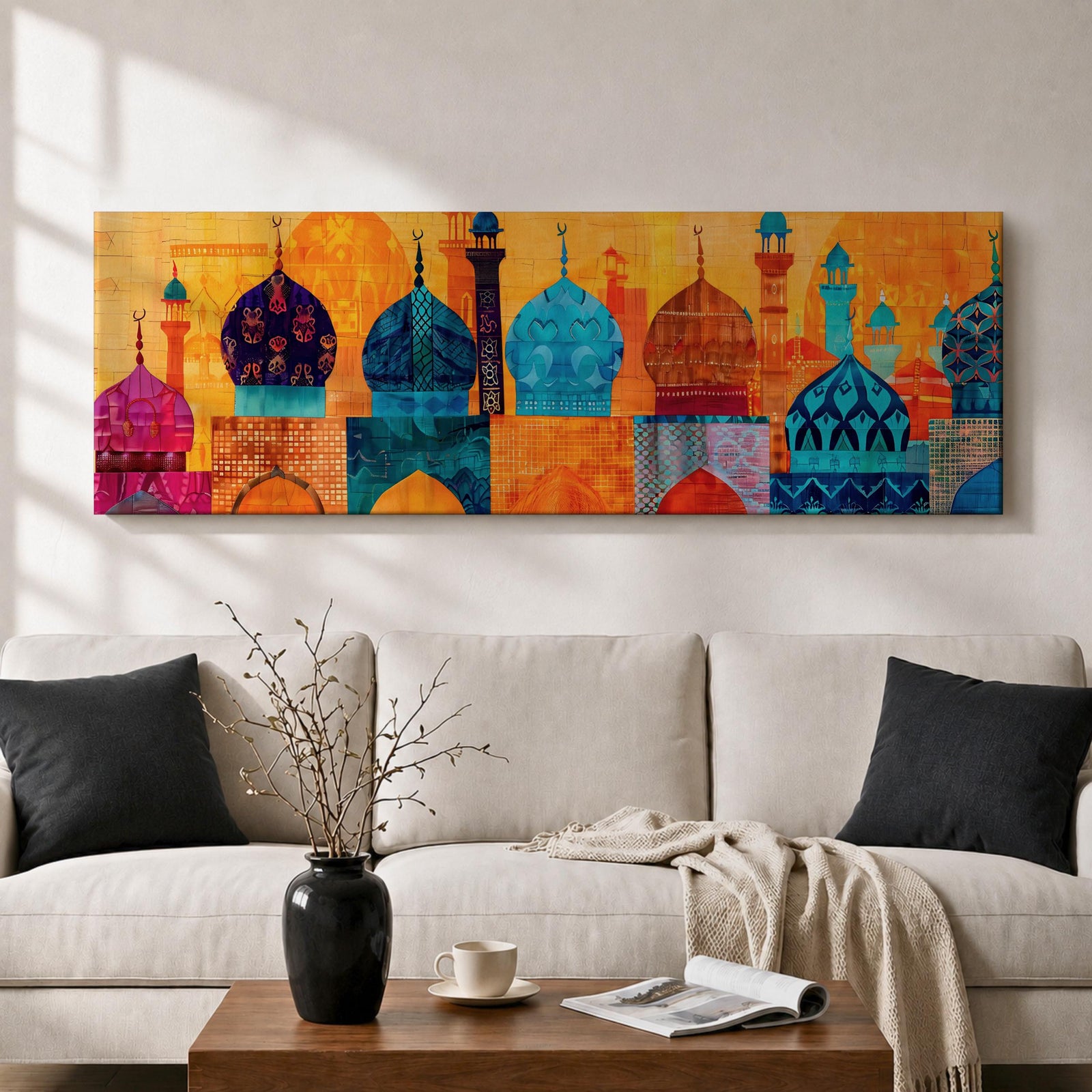 Panoramic illustration of colorful mosque domes and minarets arranged in a horizontal skyline. The composition features Moroccan inspired architectural forms with geometric patterns, tile motifs, and layered dome shapes in vibrant shades of turquoise, blue, orange, red, and gold across a stylized Islamic architectural landscape.