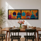 Panoramic illustration of colorful mosque domes and minarets arranged in a horizontal skyline. The composition features Moroccan inspired architectural forms with geometric patterns, tile motifs, and layered dome shapes in vibrant shades of turquoise, blue, orange, red, and gold across a stylized Islamic architectural landscape.