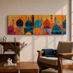Panoramic illustration of colorful mosque domes and minarets arranged in a horizontal skyline. The composition features Moroccan inspired architectural forms with geometric patterns, tile motifs, and layered dome shapes in vibrant shades of turquoise, blue, orange, red, and gold across a stylized Islamic architectural landscape.