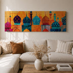 Panoramic illustration of colorful mosque domes and minarets arranged in a horizontal skyline. The composition features Moroccan inspired architectural forms with geometric patterns, tile motifs, and layered dome shapes in vibrant shades of turquoise, blue, orange, red, and gold across a stylized Islamic architectural landscape.