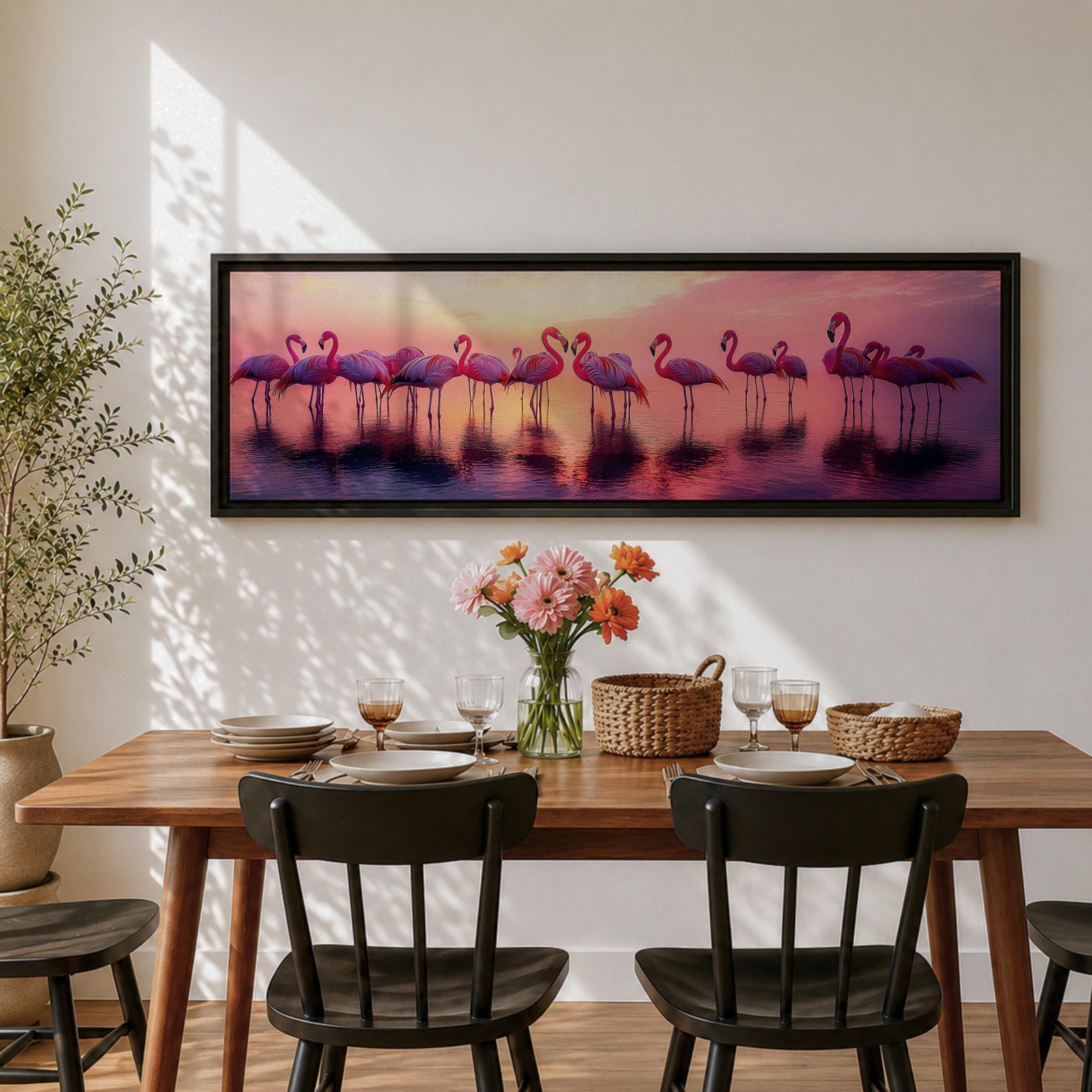 Panoramic artwork showing a flock of flamingos standing in shallow reflective water at sunset. The long horizontal composition features pink birds mirrored in the calm lake surface with glowing orange, purple, and magenta sky tones behind them, creating a tropical waterscape with silhouettes and soft reflections stretching across the scene.