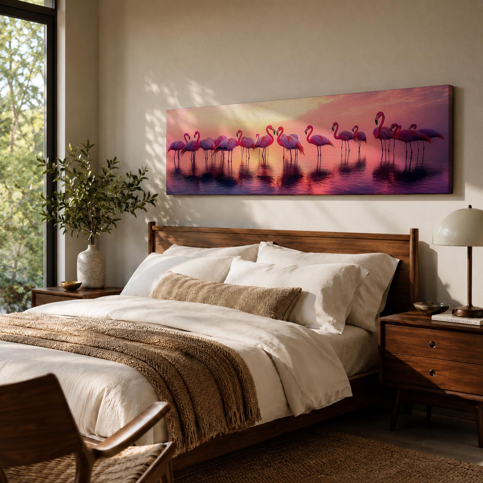 Panoramic artwork showing a flock of flamingos standing in shallow reflective water at sunset. The long horizontal composition features pink birds mirrored in the calm lake surface with glowing orange, purple, and magenta sky tones behind them, creating a tropical waterscape with silhouettes and soft reflections stretching across the scene.
