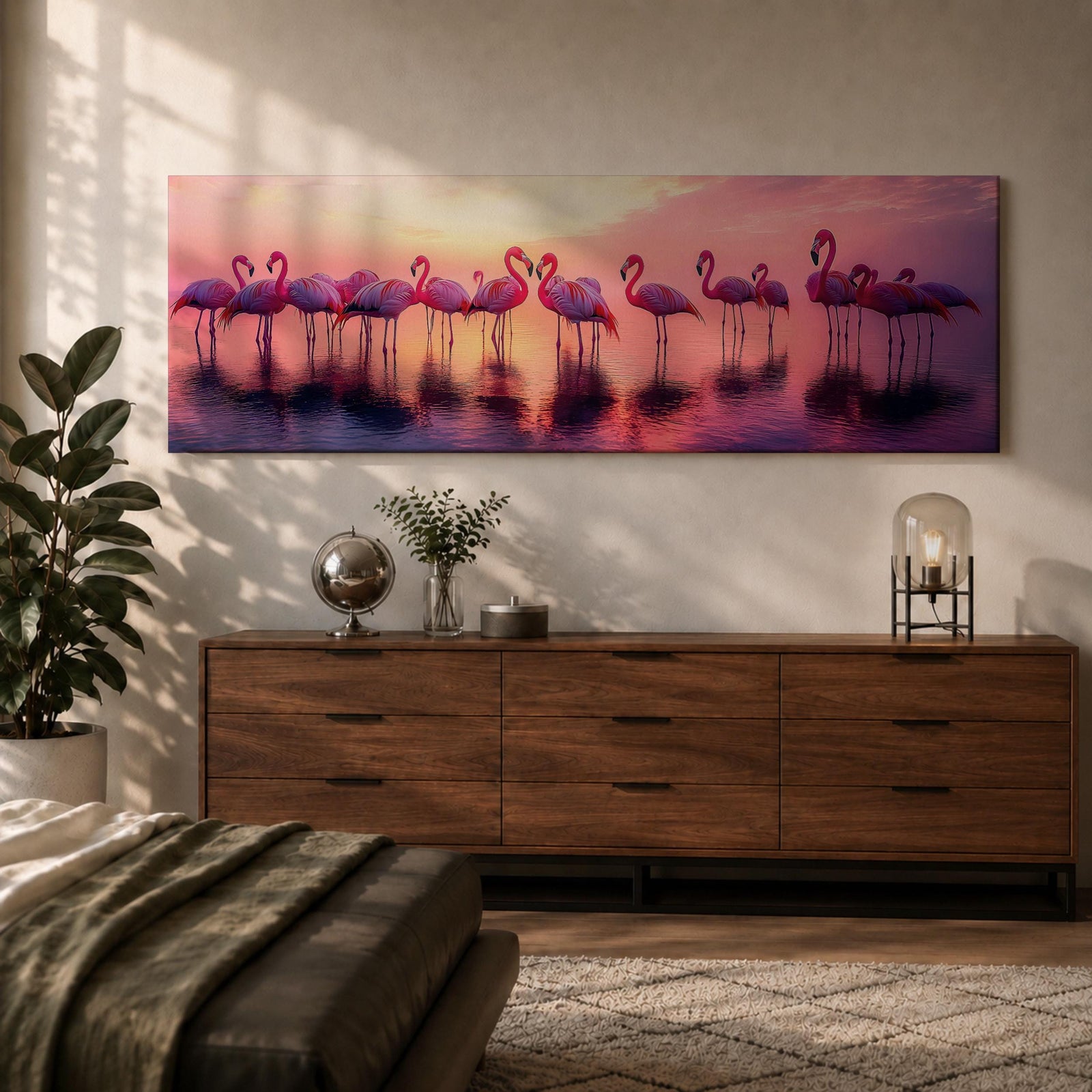 Panoramic artwork showing a flock of flamingos standing in shallow reflective water at sunset. The long horizontal composition features pink birds mirrored in the calm lake surface with glowing orange, purple, and magenta sky tones behind them, creating a tropical waterscape with silhouettes and soft reflections stretching across the scene.