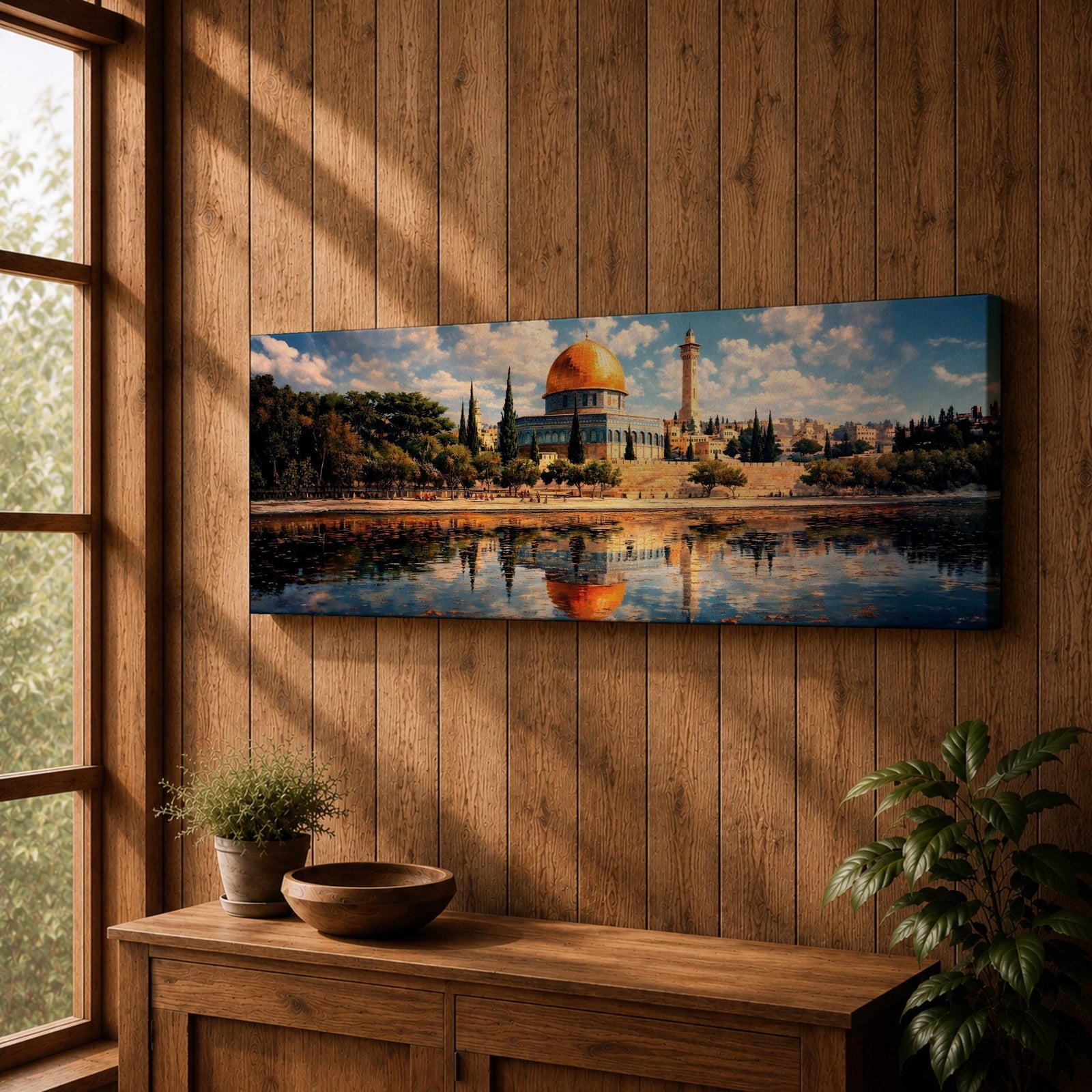 Panoramic canvas artwork depicting the Dome of the Rock in Jerusalem with its iconic golden dome and blue tiled octagonal structure rising above surrounding trees and historic buildings, reflected in calm water in the foreground beneath a bright sky filled with scattered clouds, rendered in a detailed landscape style emphasizing the architecture and skyline of the sacred site.