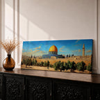 Panoramic painting of the Dome of the Rock in Jerusalem featuring the iconic golden dome and blue tiled octagonal structure rising above historic stone walls and olive trees, with a tall minaret nearby and a wide view of the ancient city skyline under a clear blue sky rendered in a detailed traditional landscape style.