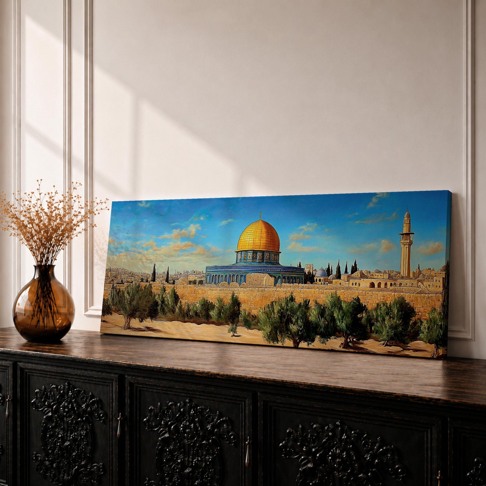 Panoramic painting of the Dome of the Rock in Jerusalem featuring the iconic golden dome and blue tiled octagonal structure rising above historic stone walls and olive trees, with a tall minaret nearby and a wide view of the ancient city skyline under a clear blue sky rendered in a detailed traditional landscape style.