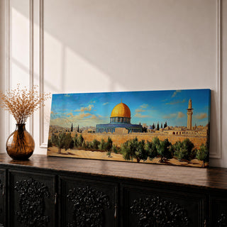 Panoramic painting of the Dome of the Rock in Jerusalem featuring the iconic golden dome and blue tiled octagonal structure rising above historic stone walls and olive trees, with a tall minaret nearby and a wide view of the ancient city skyline under a clear blue sky rendered in a detailed traditional landscape style.