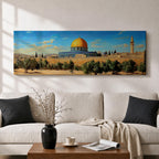 Panoramic painting of the Dome of the Rock in Jerusalem featuring the iconic golden dome and blue tiled octagonal structure rising above historic stone walls and olive trees, with a tall minaret nearby and a wide view of the ancient city skyline under a clear blue sky rendered in a detailed traditional landscape style.