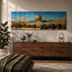 Panoramic painting of the Dome of the Rock in Jerusalem featuring the iconic golden dome and blue tiled octagonal structure rising above historic stone walls and olive trees, with a tall minaret nearby and a wide view of the ancient city skyline under a clear blue sky rendered in a detailed traditional landscape style.