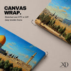 Panoramic painting of the Dome of the Rock in Jerusalem featuring the iconic golden dome and blue tiled octagonal structure rising above historic stone walls and olive trees, with a tall minaret nearby and a wide view of the ancient city skyline under a clear blue sky rendered in a detailed traditional landscape style.