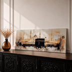 Panoramic painting of the Kaaba at Masjid al Haram in Mecca showing the black cubic Kaaba structure surrounded by mosque arcades and tall minarets, rendered with expressive brushstrokes in warm neutral tones and soft light, capturing the vast courtyard and architectural skyline of the sacred mosque complex.