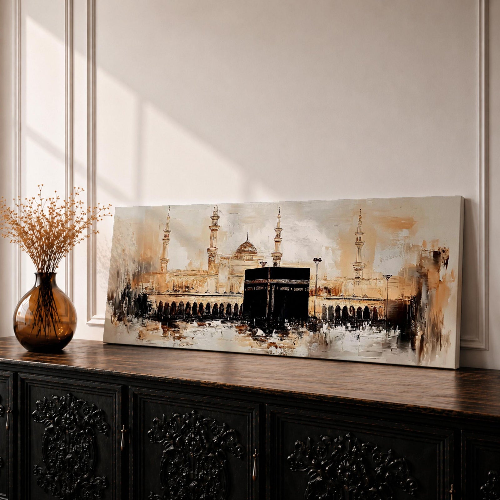 Panoramic painting of the Kaaba at Masjid al Haram in Mecca showing the black cubic Kaaba structure surrounded by mosque arcades and tall minarets, rendered with expressive brushstrokes in warm neutral tones and soft light, capturing the vast courtyard and architectural skyline of the sacred mosque complex.
