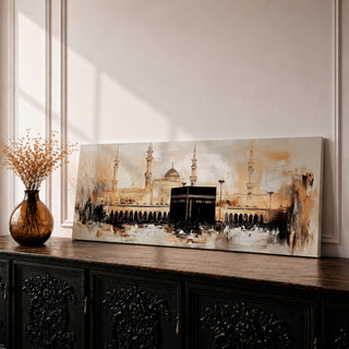 Panoramic painting of the Kaaba at Masjid al Haram in Mecca showing the black cubic Kaaba structure surrounded by mosque arcades and tall minarets, rendered with expressive brushstrokes in warm neutral tones and soft light, capturing the vast courtyard and architectural skyline of the sacred mosque complex.