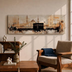 Panoramic painting of the Kaaba at Masjid al Haram in Mecca showing the black cubic Kaaba structure surrounded by mosque arcades and tall minarets, rendered with expressive brushstrokes in warm neutral tones and soft light, capturing the vast courtyard and architectural skyline of the sacred mosque complex.