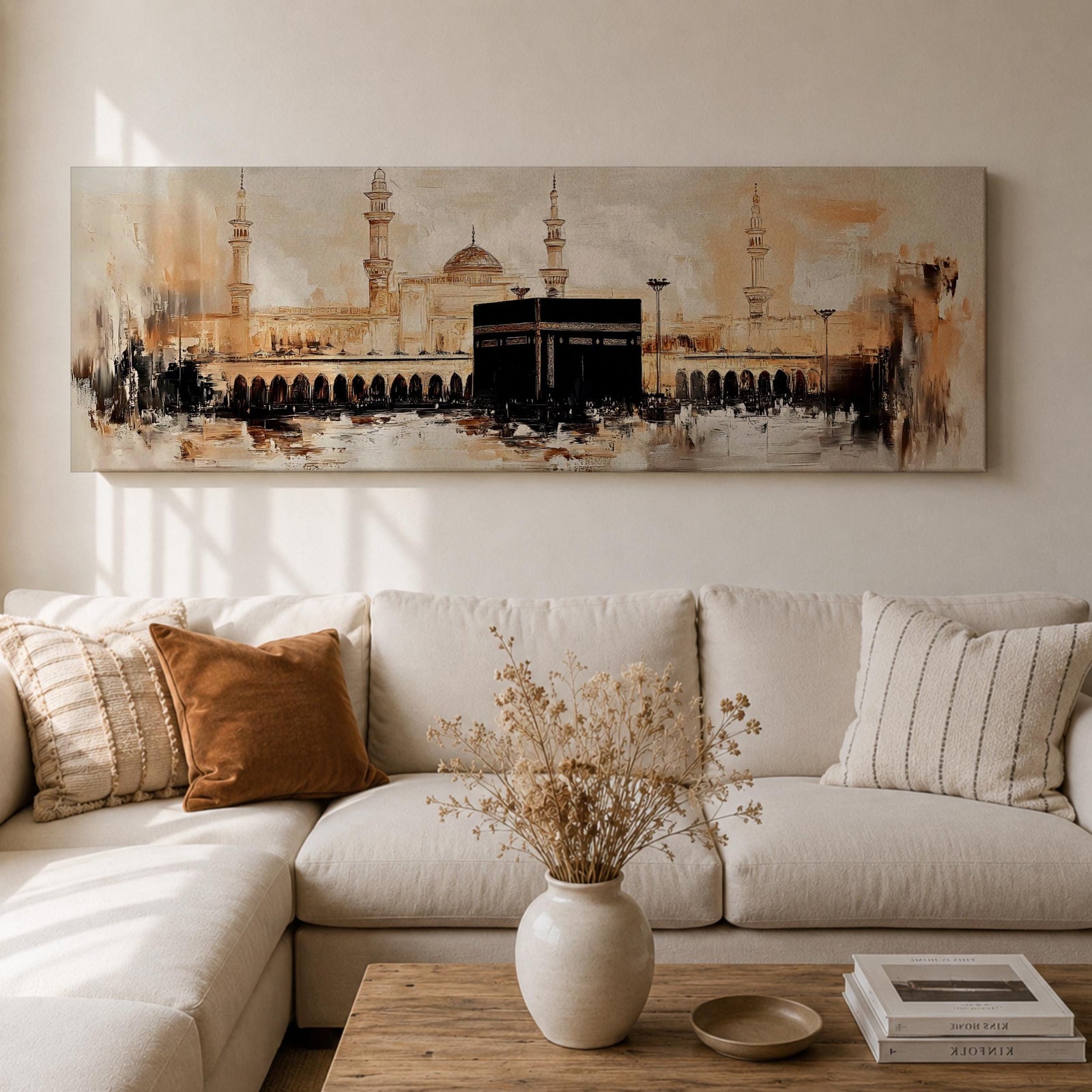 Panoramic painting of the Kaaba at Masjid al Haram in Mecca showing the black cubic Kaaba structure surrounded by mosque arcades and tall minarets, rendered with expressive brushstrokes in warm neutral tones and soft light, capturing the vast courtyard and architectural skyline of the sacred mosque complex.
