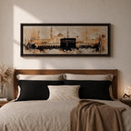 Panoramic painting of the Kaaba at Masjid al Haram in Mecca showing the black cubic Kaaba structure surrounded by mosque arcades and tall minarets, rendered with expressive brushstrokes in warm neutral tones and soft light, capturing the vast courtyard and architectural skyline of the sacred mosque complex.
