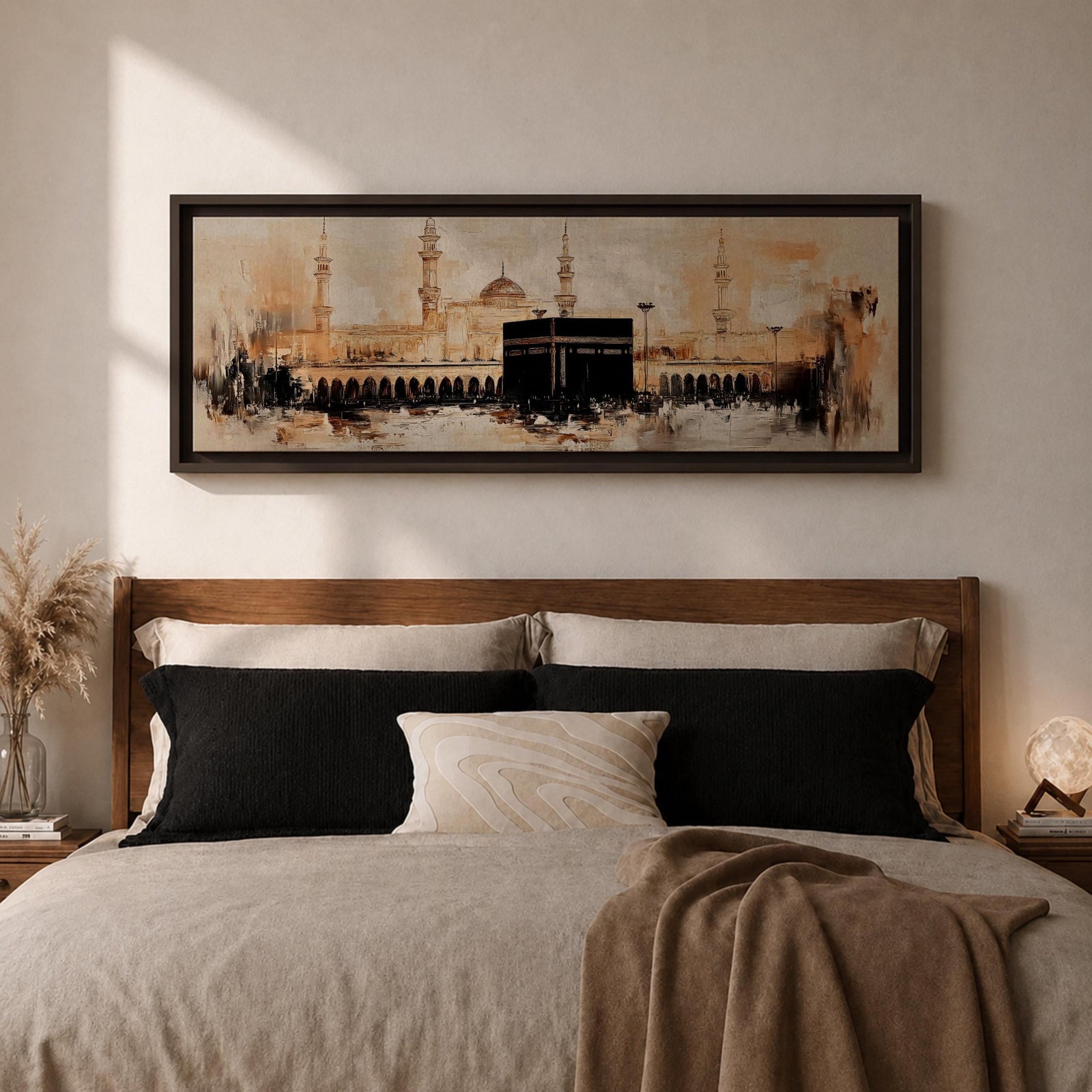 Panoramic painting of the Kaaba at Masjid al Haram in Mecca showing the black cubic Kaaba structure surrounded by mosque arcades and tall minarets, rendered with expressive brushstrokes in warm neutral tones and soft light, capturing the vast courtyard and architectural skyline of the sacred mosque complex.