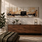 Panoramic painting of the Kaaba at Masjid al Haram in Mecca showing the black cubic Kaaba structure surrounded by mosque arcades and tall minarets, rendered with expressive brushstrokes in warm neutral tones and soft light, capturing the vast courtyard and architectural skyline of the sacred mosque complex.