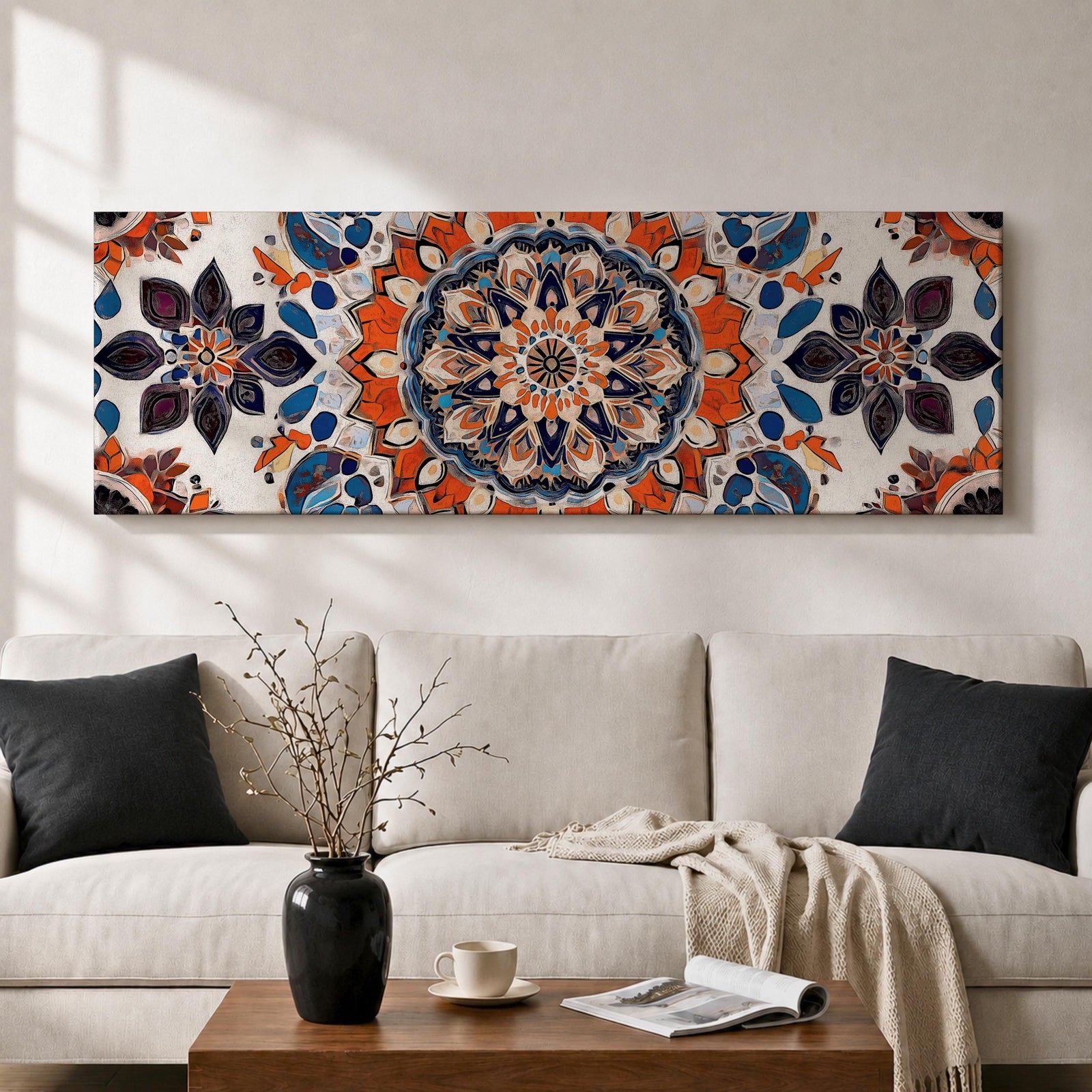 Panoramic artwork displaying an intricate Islamic mandala composed of symmetrical Moorish geometric and floral motifs radiating from a central rosette, featuring layered arabesque shapes and zellige inspired tile patterns in orange, blue, cream, and dark accents arranged in a balanced ornamental composition.