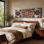 Panoramic artwork displaying an intricate Islamic mandala composed of symmetrical Moorish geometric and floral motifs radiating from a central rosette, featuring layered arabesque shapes and zellige inspired tile patterns in orange, blue, cream, and dark accents arranged in a balanced ornamental composition.