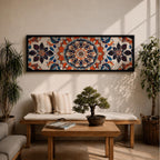 Panoramic artwork displaying an intricate Islamic mandala composed of symmetrical Moorish geometric and floral motifs radiating from a central rosette, featuring layered arabesque shapes and zellige inspired tile patterns in orange, blue, cream, and dark accents arranged in a balanced ornamental composition.