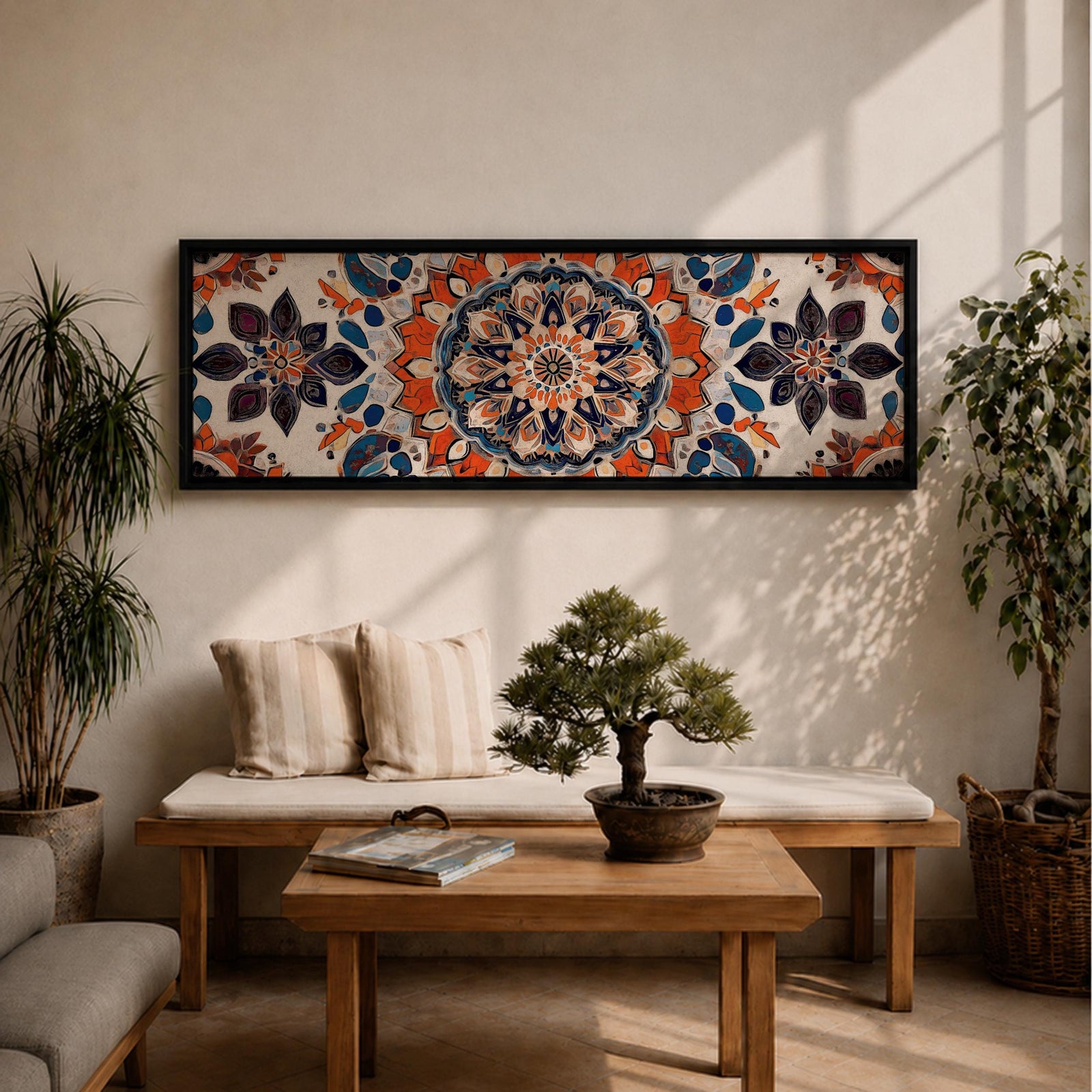 Panoramic artwork displaying an intricate Islamic mandala composed of symmetrical Moorish geometric and floral motifs radiating from a central rosette, featuring layered arabesque shapes and zellige inspired tile patterns in orange, blue, cream, and dark accents arranged in a balanced ornamental composition.