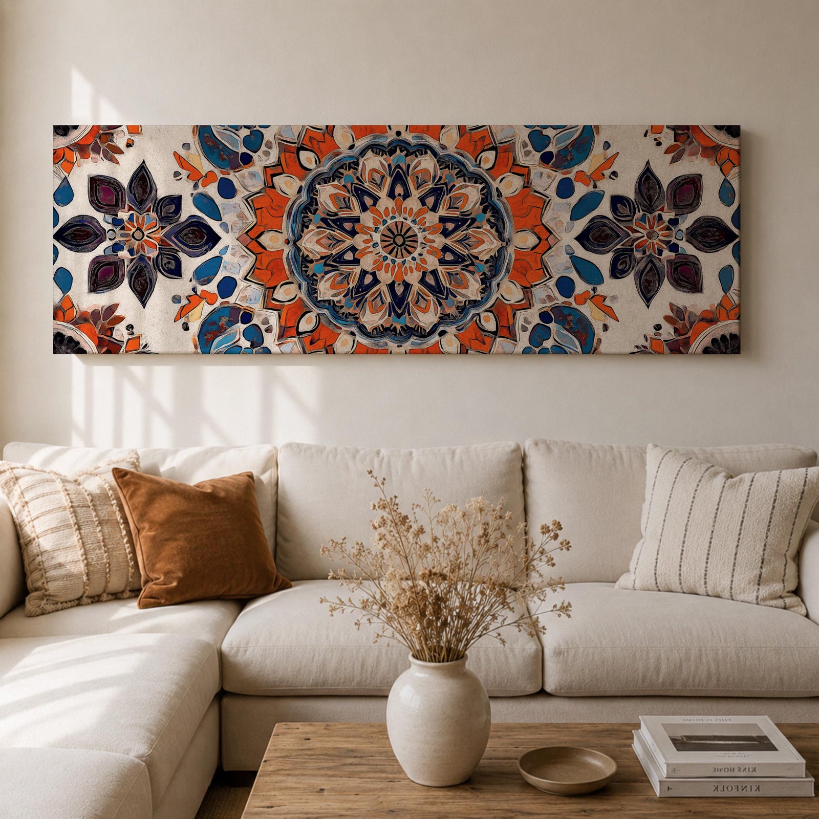 Panoramic artwork displaying an intricate Islamic mandala composed of symmetrical Moorish geometric and floral motifs radiating from a central rosette, featuring layered arabesque shapes and zellige inspired tile patterns in orange, blue, cream, and dark accents arranged in a balanced ornamental composition.