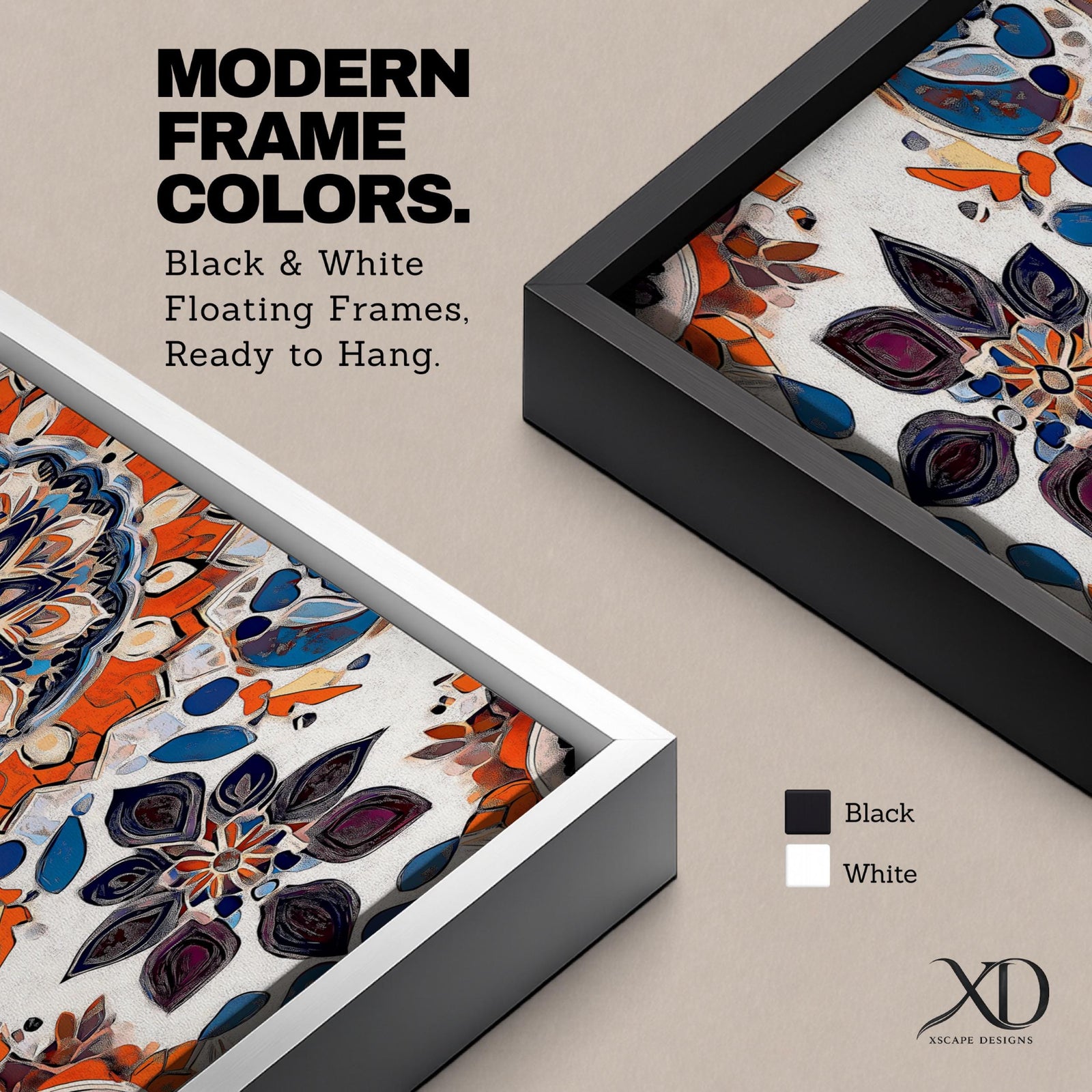 Panoramic artwork displaying an intricate Islamic mandala composed of symmetrical Moorish geometric and floral motifs radiating from a central rosette, featuring layered arabesque shapes and zellige inspired tile patterns in orange, blue, cream, and dark accents arranged in a balanced ornamental composition.