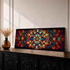 Panoramic artwork featuring a vibrant Islamic mandala composed of intricate arabesque and geometric patterns radiating from a central rosette, with layered symmetrical motifs in rich shades of red, orange, teal, blue, and gold set against a dark background, inspired by traditional Moroccan and Islamic ornamental design.