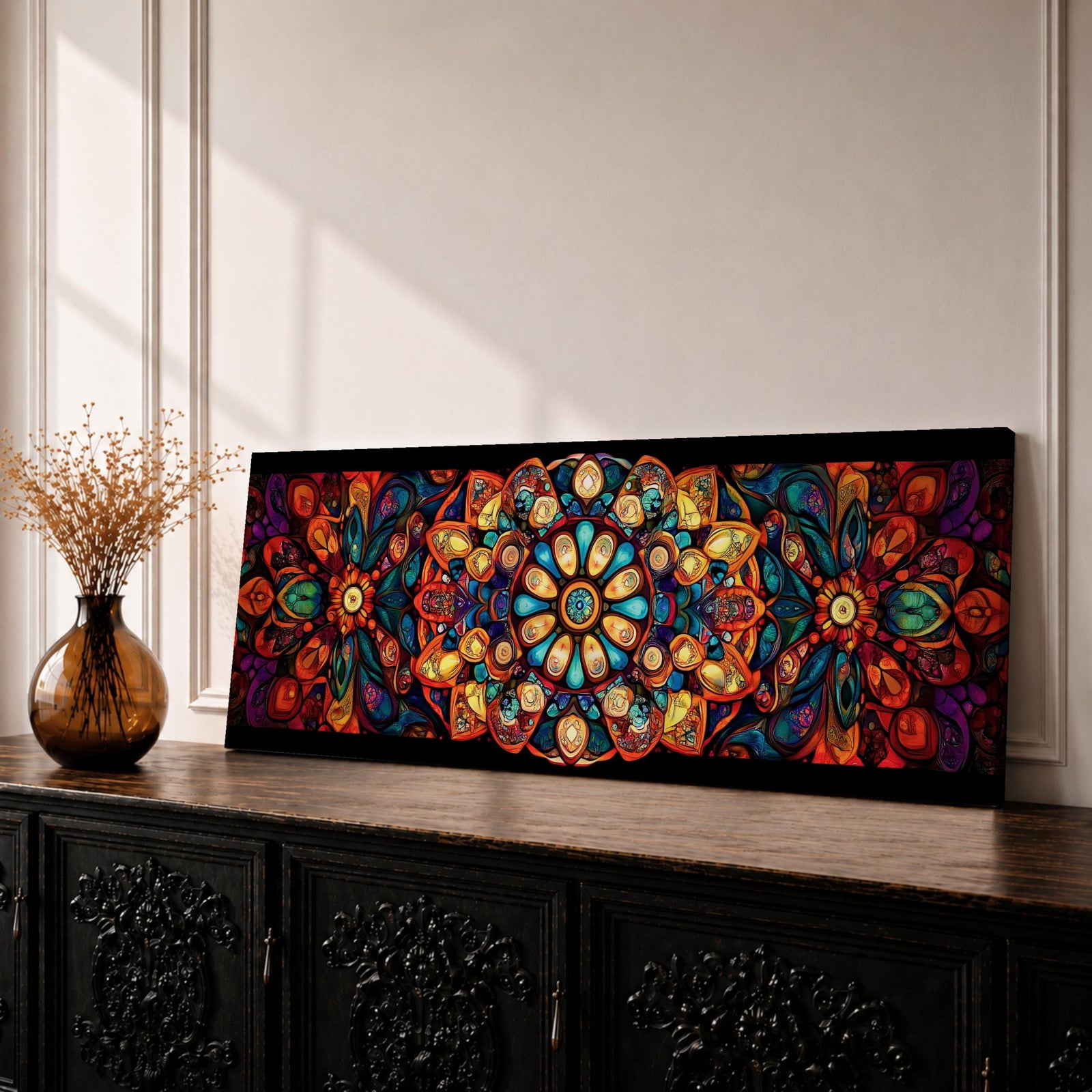 Panoramic artwork featuring a vibrant Islamic mandala composed of intricate arabesque and geometric patterns radiating from a central rosette, with layered symmetrical motifs in rich shades of red, orange, teal, blue, and gold set against a dark background, inspired by traditional Moroccan and Islamic ornamental design.