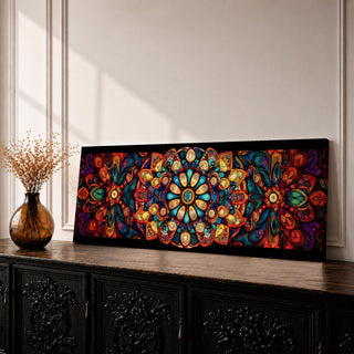 Panoramic artwork featuring a vibrant Islamic mandala composed of intricate arabesque and geometric patterns radiating from a central rosette, with layered symmetrical motifs in rich shades of red, orange, teal, blue, and gold set against a dark background, inspired by traditional Moroccan and Islamic ornamental design.