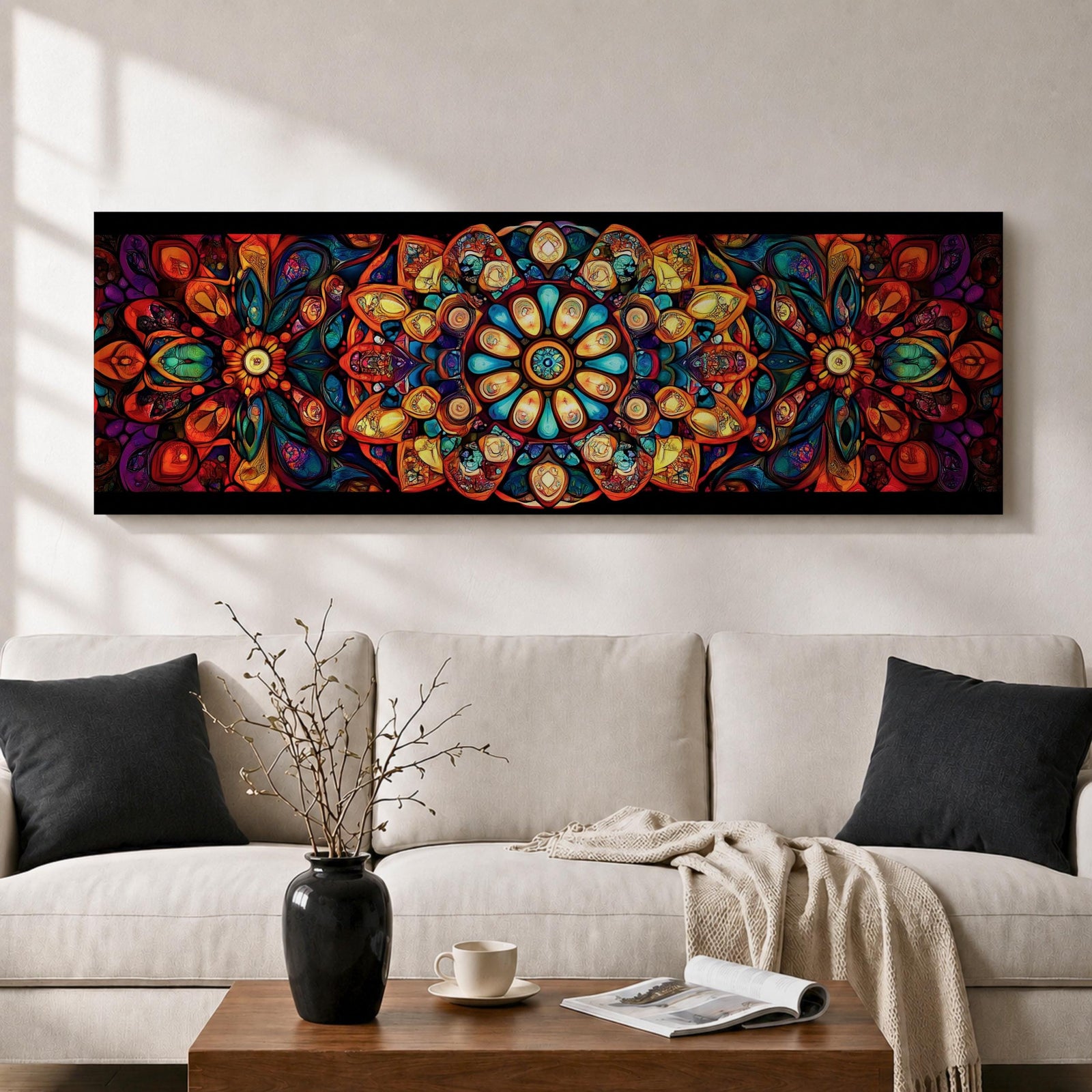 Panoramic artwork featuring a vibrant Islamic mandala composed of intricate arabesque and geometric patterns radiating from a central rosette, with layered symmetrical motifs in rich shades of red, orange, teal, blue, and gold set against a dark background, inspired by traditional Moroccan and Islamic ornamental design.